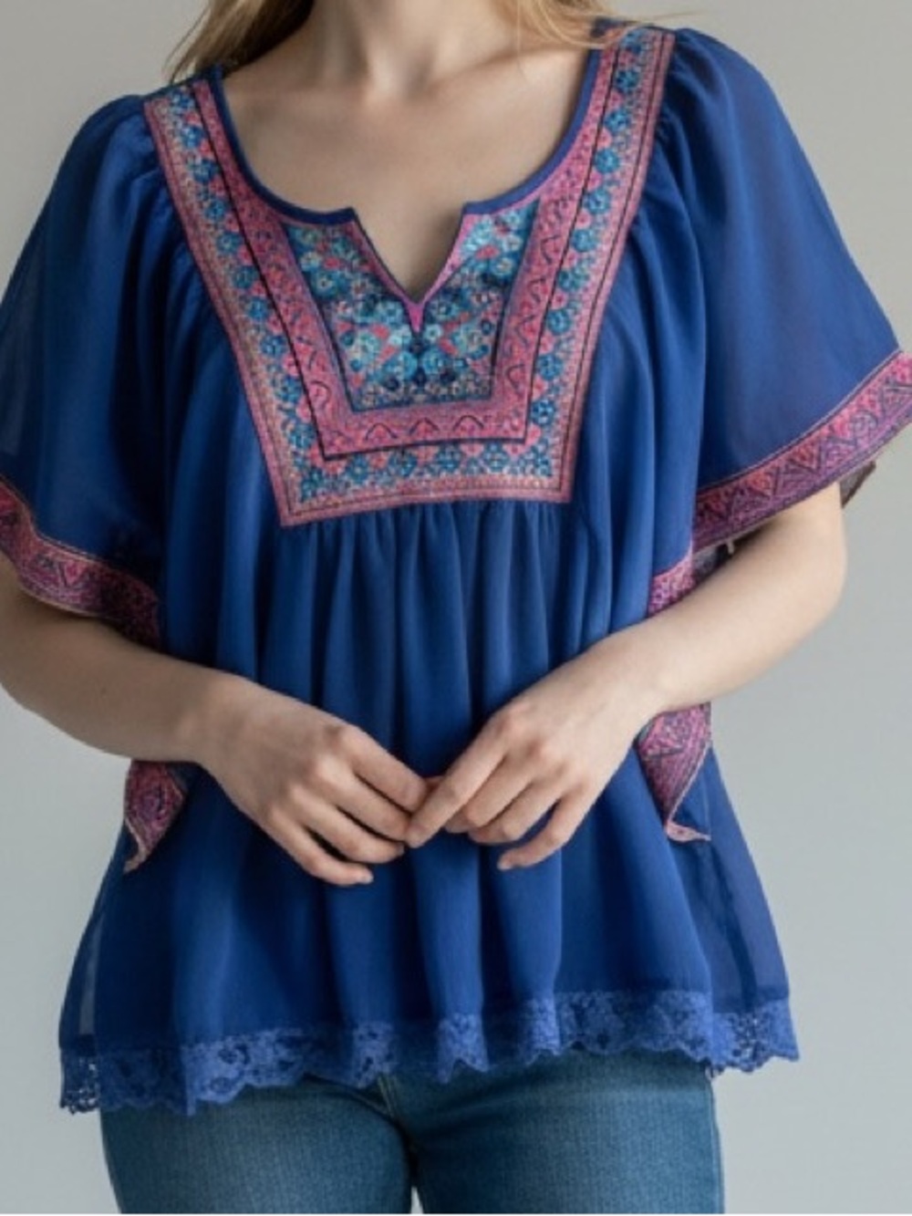 Forever 21 Medium Blue & Multicolor Sheer Embroidered Butterfly Sleeve Blouse